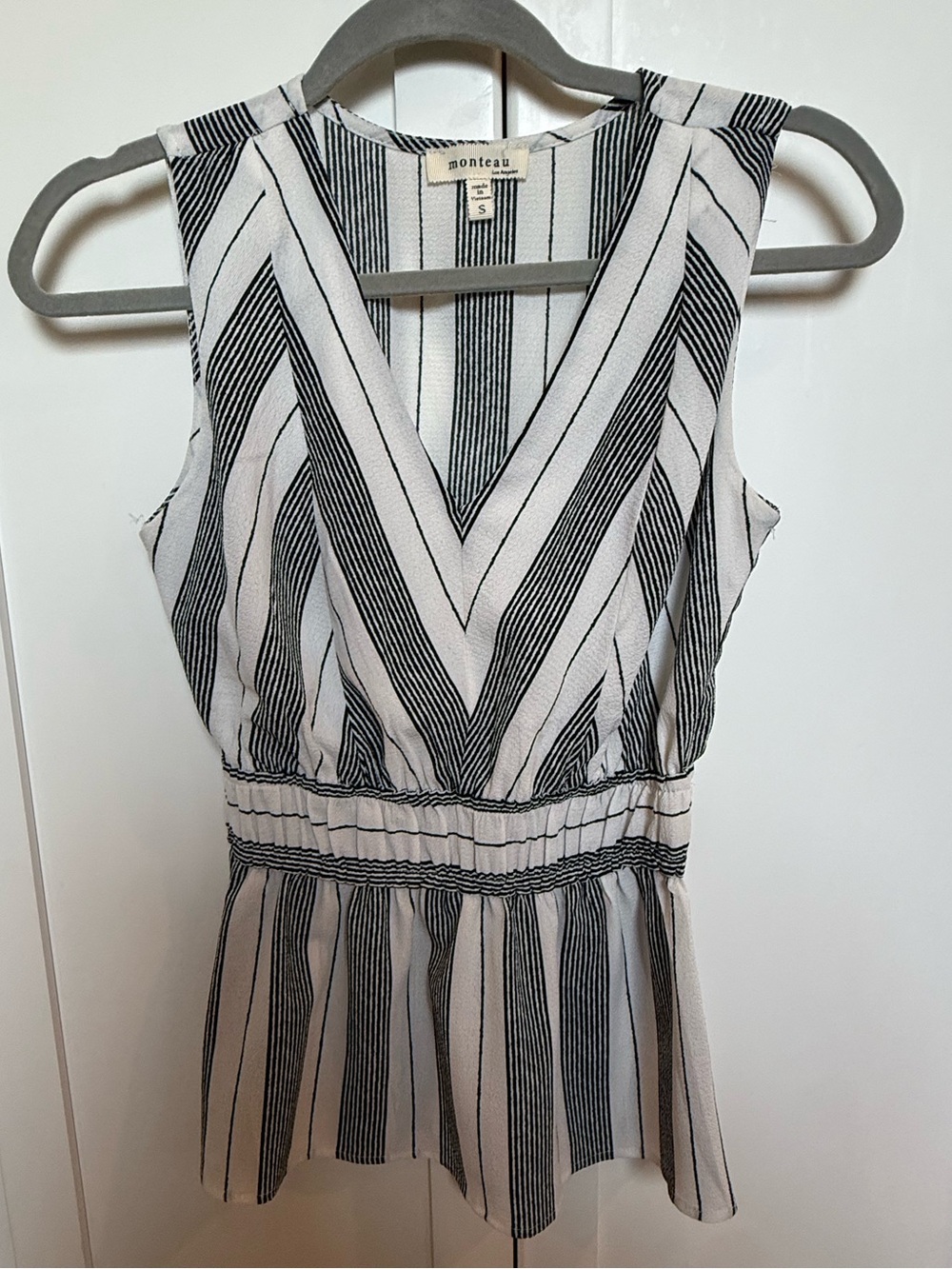 Monteau White and Black Striped Sleeveless V-Neck Top